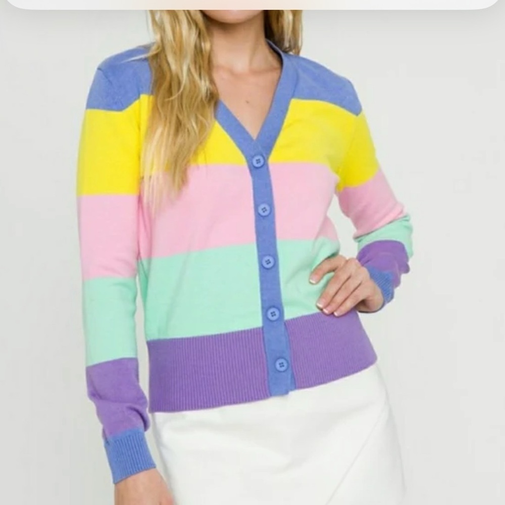 English Factory Woman’s Preppy Chic V Neck  Multicolor Striped Cardigan